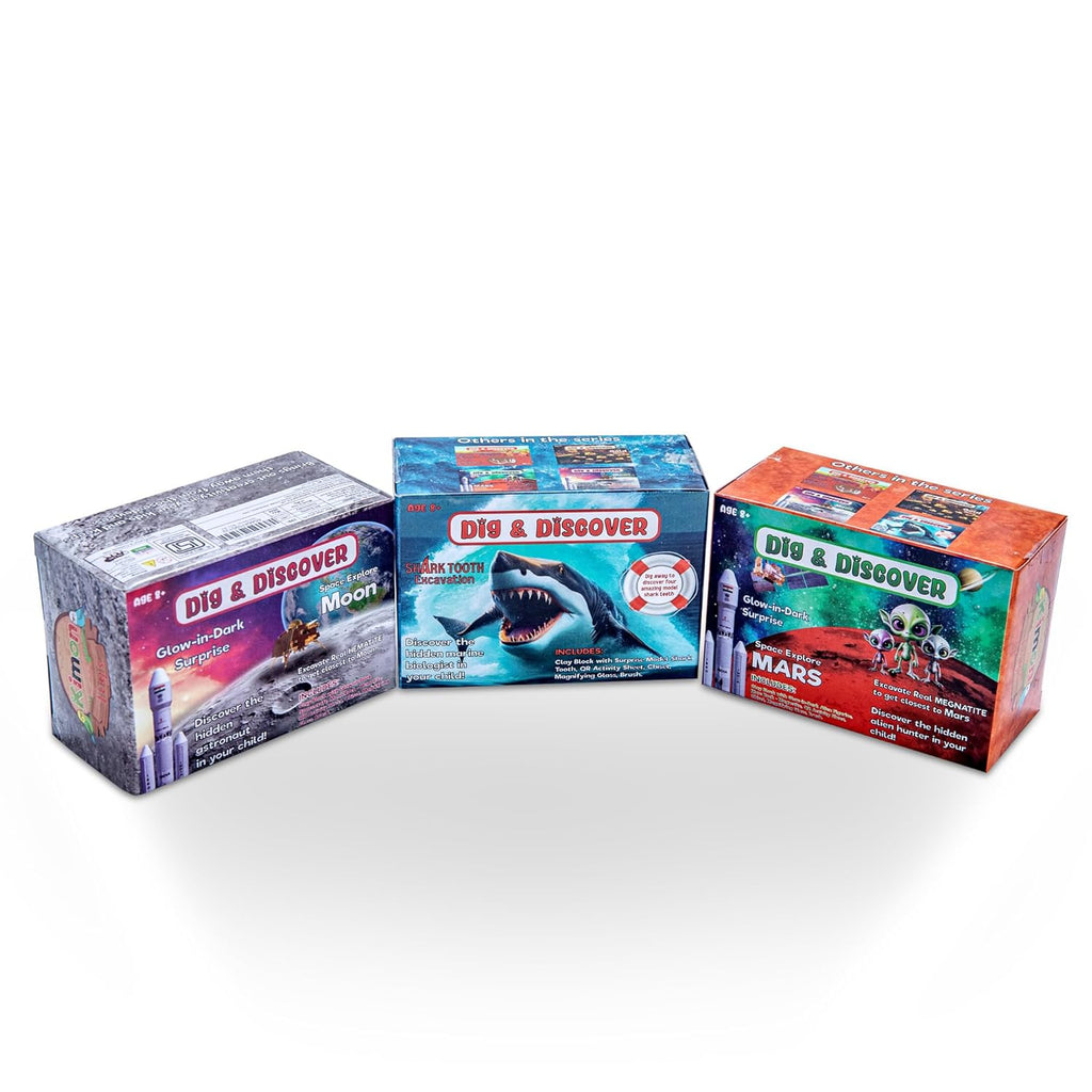 Dig & Discover Excavation of Moon, Mars and Shark with Glow-in-Dark Surprise Fun & Education Toys for Kids | Space-Themed Activity Toy Kit Set for Boys and Girls. Box Kits Combo 1