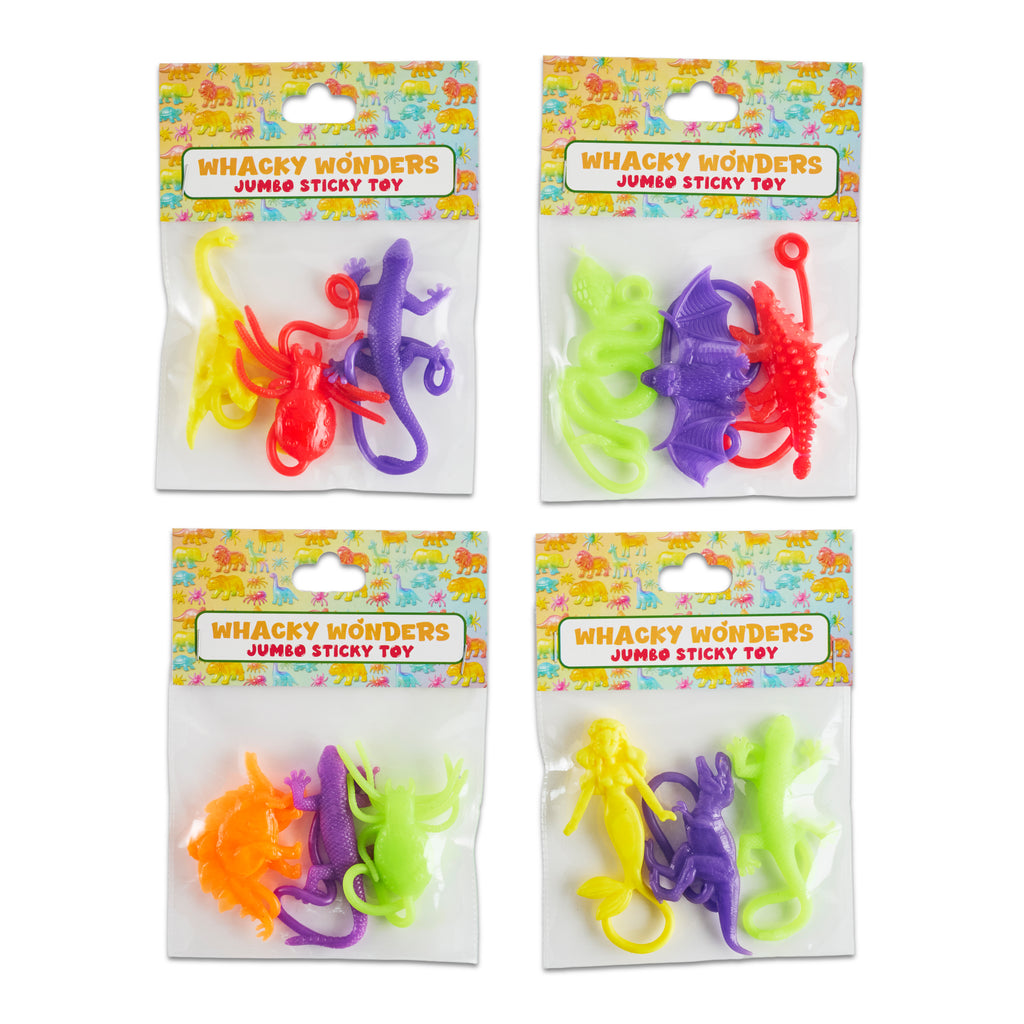 Whacky Wonders Pack of 4 Jumbo Sticky Toy for Kids | Stretchy Sticky Figures with Dinosaurs, Lizards, Spiders & More | Sensory Fidget Toy | Party Favour | Ages 5+ (4 Pack, Assorted)