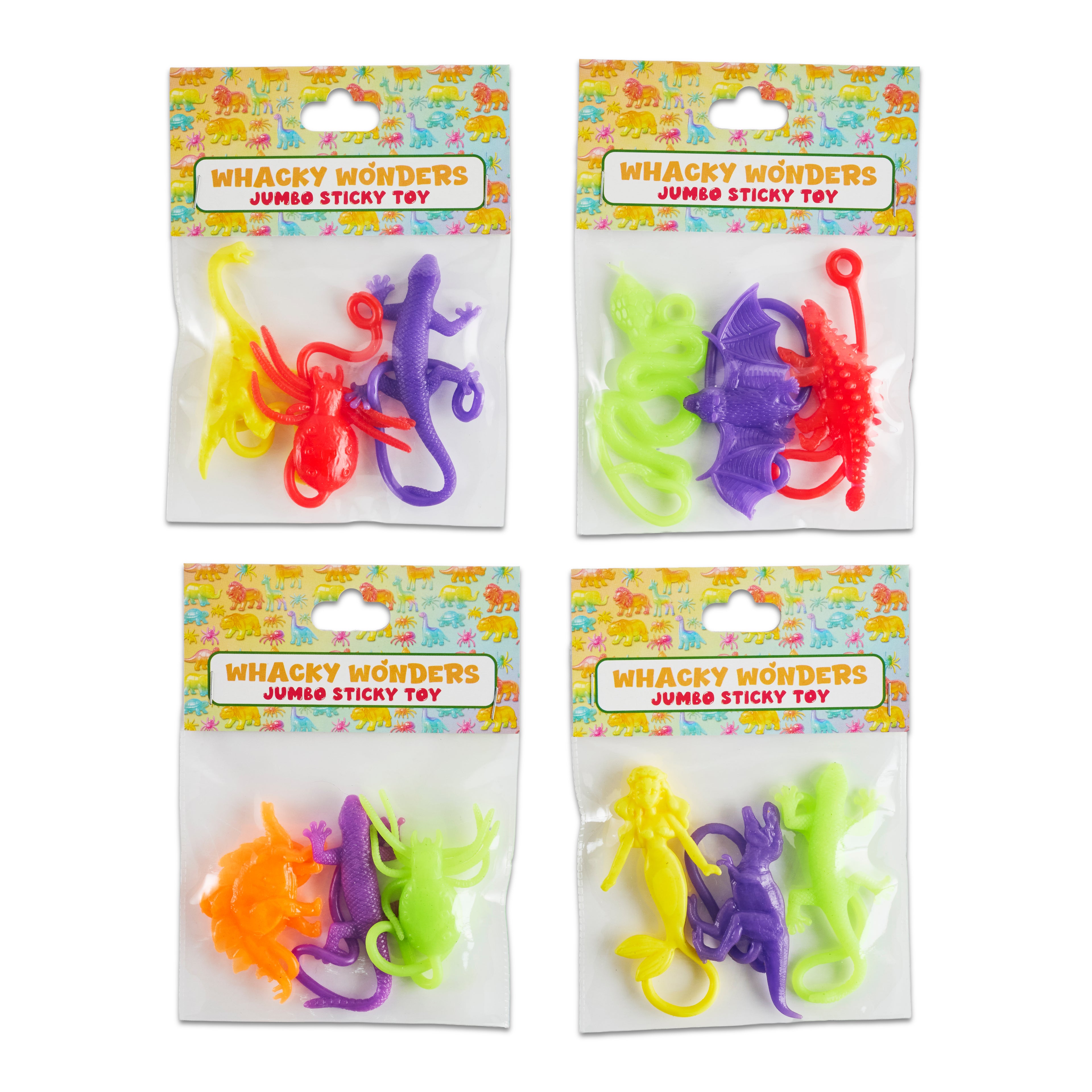 Whacky Wonders Pack of 4 Jumbo Sticky Toy for Kids | Stretchy Sticky Figures with Dinosaurs, Lizards, Spiders & More | Sensory Fidget Toy | Party Favour | Ages 5+ (4 Pack, Assorted)