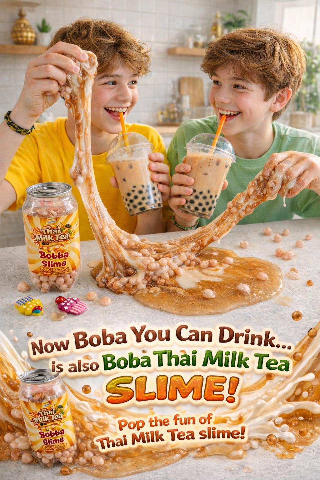 Thai Milk Tea Bobba Slime for Kids & Adults | Squishy Stretchy Slime with Bobba Beads & Collectible Mini Charms | Surprise Slime Can Toy | Stress Relief Sensory Play | Ages 6+ (1 Can)